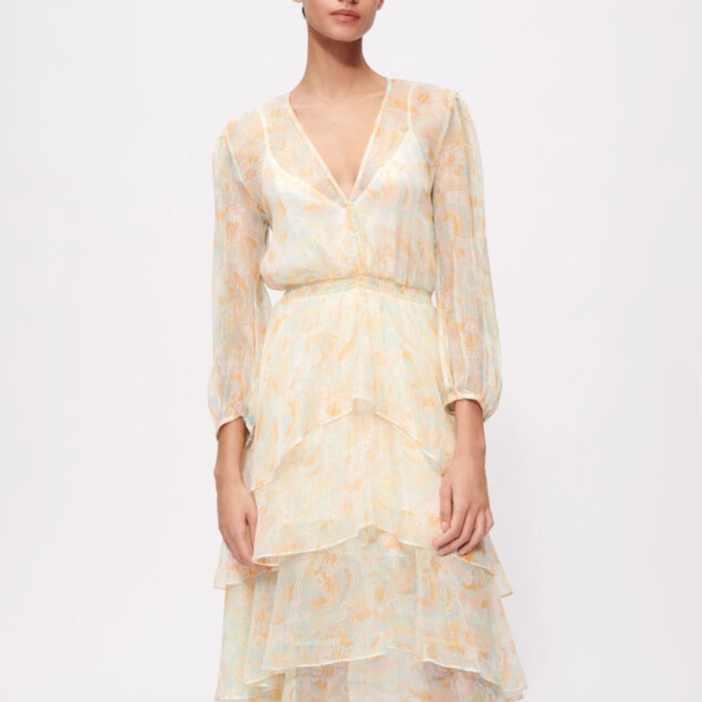 Maje Rufflino Metallic Floral Tiered Dress